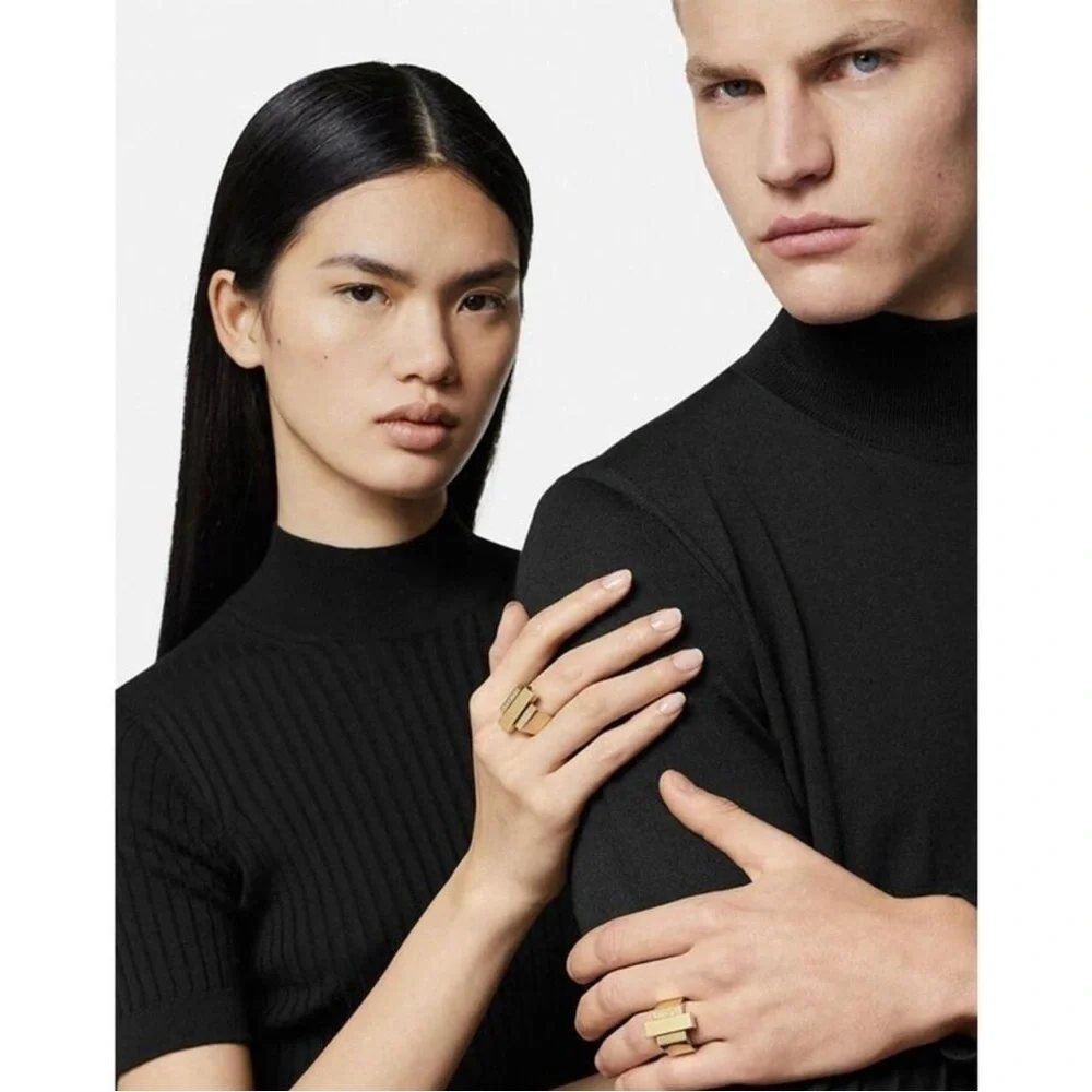 Versace Greca Logo Embossed Ring Statement Ring Gold Tone